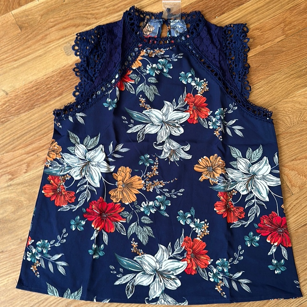 Beautiful Navy Lace Trim Floral Top